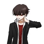  1boy bangs black_jacket blunt_bangs brown_hair collarbone dangan_ronpa_(series) dangan_ronpa_v3:_killing_harmony dress_shirt earrings eyebrows_visible_through_hair genderswap genderswap_(ftm) hand_on_own_neck hand_up harukawa_maki highres jacket jewelry long_sleeves looking_at_viewer male_focus no_(xpxz7347) open_clothes open_jacket open_shirt red_eyes red_shirt shirt short_hair simple_background solo upper_body white_background white_shirt 