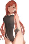  1girl ahoge arisugawa_natsuha arms_behind_back black_eyes black_swimsuit blush breasts closed_mouth collared_shirt competition_swimsuit earrings highres idolmaster idolmaster_shiny_colors jewelry long_hair looking_at_viewer medium_breasts noel_(nnoelllll) one-piece_swimsuit orange_hair shirt simple_background solo swimsuit very_long_hair white_background 