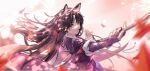  1girl animal_ears arknights autumn_leaves bangs beads black_hair dog_ears dog_girl elbow_gloves fingerless_gloves from_side gloves hair_strand hands_up highres holding holding_weapon japanese_clothes kimono long_hair looking_at_viewer looking_to_the_side messy_hair multicolored multicolored_eyes parted_bangs parted_lips polearm purple_gloves purple_kimono saga_(arknights) short_sleeves sidelocks solo upper_body very_long_hair weapon wristband yuan_long 
