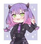  1girl black_jacket black_shirt blue_skirt blush_stickers braid chibi commentary cropped_jacket demon_girl demon_horns english_commentary fangs green_eyes hair_ornament hairclip hand_on_hip highres hololive horns jacket kukie-nyan long_hair looking_at_viewer multicolored_hair necktie official_alternate_costume pink_hair purple_hair purple_necktie shirt skirt solo streaked_hair tokoyami_towa twin_braids twintails twitter_username v virtual_youtuber 