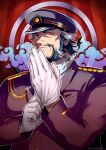  1boy adjusting_clothes adjusting_gloves artist_name beard black_hair clouds daikoku_(tokyo_houkago_summoners) facial_hair gloves hand_up hat highres long_sleeves male_focus military military_hat military_uniform multicolored_hair orange_eyes red_background seigaiha sidelocks solo sumi_wo_hakuneko tokyo_houkago_summoners two-tone_hair uniform upper_body white_gloves white_hair 