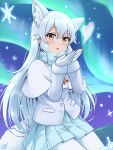  1girl absurdres animal_ear_fluff animal_ears arctic_fox_(kemono_friends) bangs blue_bow blue_neckwear blue_skirt bow bowtie brown_eyes capelet commentary extra_ears fox_ears fur-trimmed_sleeves fur_trim gloves hair_between_eyes heart highres kemono_friends long_hair long_sleeves looking_at_viewer open_mouth pantyhose pleated_skirt shiraha_maru signature skirt snowflakes solo very_long_hair white_capelet white_gloves white_hair white_legwear 