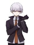  1boy adjusting_clothes adjusting_eyewear adjusting_gloves bangs black_gloves black_jacket black_pants brown_neckwear closed_mouth collared_shirt cowboy_shot dangan_ronpa:_trigger_happy_havoc dangan_ronpa_(series) formal frown genderswap genderswap_(ftm) gloves highres jacket kirigiri_kyouko looking_at_viewer male_focus necktie no_(xpxz7347) open_clothes open_jacket pants pink_eyes shirt simple_background solo violet_eyes white_background white_shirt 