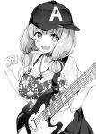  1girl :d bang_dream! baseball_cap bass_guitar blush breasts choker cowboy_shot crop_top cropped_shirt earrings greyscale hat holding holding_instrument indigorabbit instrument jewelry large_breasts looking_at_viewer low_twintails medium_hair monochrome navel open_mouth pendant pendant_choker plectrum see-through see-through_shirt shirt short_sleeves short_twintails sideways_hat simple_background smile solo standing stomach t-shirt twintails uehara_himari white_background 