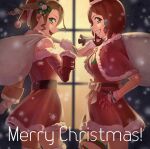  2girls :d alisha_diphda bag blue_eyes blurry blurry_background brown_hair capelet dress drill_hair from_side fur-trimmed_capelet fur-trimmed_dress fur-trimmed_gloves fur_trim gift_bag gloves green_eyes green_ribbon grin hair_ornament hair_ribbon hand_on_hip highres holding holding_bag leg_ribbon looking_at_viewer merry_christmas multiple_girls off-shoulder_dress off_shoulder open_mouth red_capelet red_dress red_gloves redhead ribbon rose_(tales) santa_costume short_dress short_hair side_ponytail signature smile snowflake_hair_ornament snowing tales_of_(series) tales_of_zestiria thigh-highs ubo_(ubo_tales) white_gloves zettai_ryouiki 