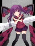  &gt;:) 1girl alice_gear_aegis bangs black_legwear closed_mouth crossed_arms eyebrows_visible_through_hair highres hood hood_down hoodie ichijou_ayaka konpotsu long_hair looking_at_viewer mecha_musume pleated_skirt puffy_short_sleeves puffy_sleeves purple_hair purple_skirt red_hoodie short_sleeves skirt smile solo thigh-highs twintails v-shaped_eyebrows violet_eyes x_arms 