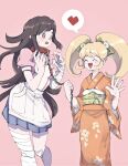  2girls ^_^ animal_collar apron arms_up asymmetrical_legwear bandaged_arm bandaged_leg bandages bangs black_hair blonde_hair blue_skirt blush bow breasts cat_hair_ornament chain chestnut_mouth closed_eyes collar commentary dangan_ronpa_(series) dangan_ronpa_2:_goodbye_despair feet_out_of_frame floral_print flustered furisode green_bow hair_bow hair_ornament heart holding holding_chain japanese_clothes kimono large_breasts long_hair long_sleeves looking_at_another multiple_girls obi obiage obijime open_mouth orange_kimono pink_background pink_shirt pleated_skirt red_collar saionji_hiyoko sash shirt short_sleeves sidelocks simple_background skirt spoken_heart sweatdrop symbol_commentary taki_(takiki_0w0) triangle_mouth tsumiki_mikan twintails violet_eyes white_apron 