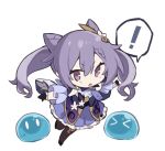  ! &gt;_&lt; 1girl breasts chibi dress freenote_mr full_body genshin_impact gloves hair_between_eyes highres keqing_(genshin_impact) long_hair looking_at_viewer pantyhose purple_hair simple_background slime_(genshin_impact) solo speech_bubble twintails violet_eyes white_background 