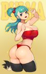  1boy 1girl ass black_hair black_legwear blue_eyes blue_hair blush breasts bulma character_name cropped_legs dragon_ball dragon_ball_(classic) gurimjang highres large_breasts looking_back open_mouth panties red_panties red_tubetop shiny shiny_skin side_ponytail smile son_goku spiky_hair strapless thigh-highs thighs tubetop underwear v yellow_background 