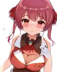  1girl :o bangs breasts brown_eyes eyebrows_visible_through_hair gloves hana_mori heterochromia highres hololive houshou_marine large_breasts looking_at_viewer mouth_hold red_eyes redhead short_hair simple_background solo twintails upper_body virtual_youtuber white_background white_gloves 