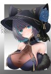  1girl absurdres animal_ears aqua_eyes azur_lane bare_shoulders black_headwear blue_flower breasts cheshire_(azur_lane) china_dress chinese_clothes cleavage_cutout clothing_cutout dress fake_animal_ears flower gloves hat hat_flower highres large_breasts littlechim looking_at_viewer medium_hair multicolored_hair purple_dress purple_gloves purple_hair see-through simple_background sleeveless sleeveless_dress solo streaked_hair two-tone_hair upper_body 