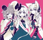  3girls double_v konpaku_youmu mononobe_no_futo multiple_girls outline pink_background simple_background syuri22 touhou toyosatomimi_no_miko v white_outline 