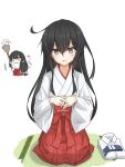  1girl alternate_costume black_hair broom clothes_removed full_body hakama hands_clasped hatsushimo_(kancolle) highres inset japanese_clothes kantai_collection long_hair looking_at_viewer miko multiple_views own_hands_together red_eyes red_hakama seiza silk simple_background sitting spider_web tatami umino_ht white_background 