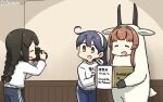  3girls ahoge amazon_(company) animal_costume artist_name black_hair black_pants blue_pants box braid brand_name_imitation brown_eyes brown_hair camera closed_eyes clothes_writing commentary_request dated english_text hamu_koutarou helena_(kancolle) highres holding holding_box holding_camera isonami_(kancolle) kantai_collection long_hair long_sleeves multiple_girls open_mouth pants shirt smile translation_request twin_braids ushio_(kancolle) white_shirt 