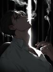  1boy akai_shuuichi bangs between_fingers black_hair cigarette collarbone collared_shirt commentary_request from_side green_eyes hand_up head_back holding holding_cigarette kanamura_ren looking_up male_focus meitantei_conan open_mouth profile shirt short_hair smoke smoking solo upper_body white_shirt 