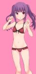  1girl :o alice_gear_aegis bangs bare_arms bare_shoulders bikini blush breasts collarbone eyebrows_visible_through_hair frilled_bikini frills groin hands_up highres ichijou_ayaka konpotsu long_hair looking_at_viewer navel parted_lips pink_background purple_hair red_bikini sidelocks small_breasts solo swimsuit twintails violet_eyes 