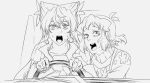  2girls bags_under_eyes bangs chainsaw_man collarbone driving eyebrows_visible_through_hair flower flower_ornament hair_between_eyes hair_flower hair_ornament long_hair maria_cadenzavna_eve monochrome multiple_girls nabeiro_kin open_mouth parody scared senki_zesshou_symphogear short_hair surprised sweat sweater tachibana_hibiki_(symphogear) turtleneck turtleneck_sweater very_long_hair worried 