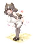  1girl animal_ears apron bangs bare_shoulders bear_ears bear_girl bear_tail bent_over black_hair black_panties blush breasts brown_bear_(kemono_friends) brown_eyes colored_inner_hair covered_nipples embarrassed extra_ears eyebrows_visible_through_hair frilled_apron frills full_body furrowed_eyebrows gloves hair_between_eyes hand_up heart highres kemono_friends large_breasts looking_at_viewer mikan_toshi multicolored_hair no_pants open_mouth panties raised_eyebrow shoes sidelocks skindentation sleeveless solo standing sweat tail thigh-highs two-tone_hair underwear white_apron white_hair 