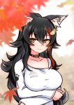  1girl animal_collar animal_ear_fluff animal_ears arms_under_breasts ashiga_oreta autumn autumn_leaves bangs black_hair breast_hold breasts closed_mouth collar collarbone crossed_arms flipped_hair hair_between_eyes highres hololive large_breasts long_hair long_sleeves looking_at_viewer multicolored_hair ookami_mio redhead shirt smile solo streaked_hair upper_body very_long_hair virtual_youtuber white_shirt wolf_ears wolf_girl yellow_eyes 
