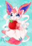  :3 animal_focus apple aqua_background banchiku blue_eyes blush commentary_request fang food fruit gen_6_pokemon happy highres holding holding_food jpeg_artifacts leaf no_humans nose_blush open_mouth pawpads pokemon pokemon_(creature) smile solo sparkle sylveon 