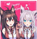  2girls ahoge arm_up bangs black_hair blue_eyes blush braid commentary_request eyebrows_visible_through_hair fangs hair_between_eyes happy_valentine highres hololive jinra_(mkzk_116) kurokami_fubuki long_hair looking_at_viewer multiple_girls open_mouth oruyanke_(shirakami_fubuki) red_eyes shirakami_fubuki sidelocks single_braid upper_body v-shaped_eyebrows virtual_youtuber white_hair 