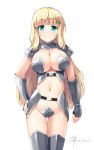  1girl aposine armor ass_visible_through_thighs bangs bikini_armor blonde_hair blue_eyes breasts cowboy_shot fingerless_gloves gloves hair_ornament hairclip hand_on_hip highres infinity large_breasts long_hair looking_at_viewer navel senran_kagura simple_background smile solo white_background yomi_(senran_kagura) 