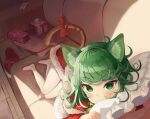  1girl absurdres animal_ears bangs bitseon blush bow cat_ears cat_tail christmas christmas_stocking closed_mouth commentary couch curly_hair cushion dress english_commentary eyebrows_visible_through_hair from_above fur_trim gift green_eyes green_hair highres indoors kemonomimi_mode knees_together_feet_apart long_sleeves looking_at_viewer lying on_couch one-punch_man pantyhose red_bow red_dress red_ribbon ribbon santa_costume shade shiny shiny_hair short_hair solo tail tail_bow tail_ornament tail_ribbon tatsumaki tsurime 
