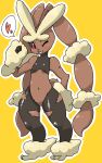  1girl animal_ears animal_nose bare_shoulders black_legwear black_sclera blush body_fur brown_fur bunny_tail chizi colored_sclera commentary flat_chest full_body furry gen_4_pokemon hand_on_hip hand_up happy heart highres looking_at_viewer lopunny mega_lopunny mega_pokemon navel one_eye_closed open_mouth outline pantyhose pink_eyes pokemon pokemon_(creature) rabbit_ears rabbit_girl shiny shiny_clothes simple_background smile solo speech_bubble spoken_heart standing tail teeth torn_clothes torn_legwear white_outline wide_hips yellow_background 