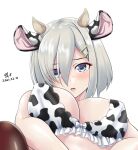  1girl animal_print bikini bikini_top black_legwear blue_eyes breasts commentary_request cow_print frilled_bikini frills hair_ornament hair_over_one_eye hairclip hamakaze_(kancolle) kantai_collection large_breasts looking_at_viewer pantyhose short_hair silver_hair simple_background solo swimsuit tk8d32 upper_body white_background 