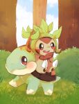  :3 animal_focus banchiku blue_sky blush brown_eyes brown_sclera chespin claws closed_mouth clouds colored_sclera commentary_request day full_body gen_4_pokemon gen_6_pokemon grass green_theme hand_up happy highres looking_at_another looking_back no_humans open_mouth outdoors pawpads pointing pokemon pokemon_(creature) riding sitting sky smile teeth tree turtwig white_eyes 