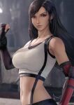  1girl abs arm_up bare_shoulders black_hair blurry blurry_background breasts building clenched_hand earrings eyebrows eyebrows_visible_through_hair final_fantasy final_fantasy_vii final_fantasy_vii_remake gloves jewelry large_breasts lips long_hair looking_at_viewer midriff navel outdoors red_eyes serious shadow skirt solo sports_bra stomach sunlight suspenders tank_top tifa_lockhart vambraces very_long_hair vincywp wall 