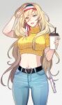  1girl belt black_belt blonde_hair blue_eyes blue_pants coffee_cup cowboy_shot cup denim disposable_cup grey_background hair_between_eyes highres holding holding_cup jeans kantai_collection kasumi_(skchkko) long_hair mole mole_under_eye mole_under_mouth navel open_mouth pants ribbed_sweater richelieu_(kancolle) solo sweater yellow_sweater 