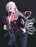  1girl ak-12 ak-12_(girls_frontline) belt black_background black_jacket black_pants blazer business_suit defy_(girls_frontline) eyebrows_visible_through_hair formal girls_frontline glasses highres holding holding_weapon jacket long_hair looking_at_viewer necktie one_eye_closed pants parang ponytail red_shirt shirt silver_hair smile solo standing suit violet_eyes weapon white_neckwear 