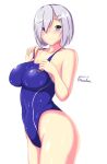  1girl blue_eyes blue_swimsuit breasts competition_swimsuit cowboy_shot hair_ornament hair_over_one_eye hairclip hamakaze_(kancolle) highres impossible_clothes impossible_swimsuit kantai_collection large_breasts looking_at_viewer montemasa one-piece_swimsuit short_hair silver_hair simple_background smile solo swimsuit white_background 