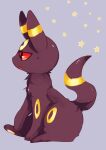  animal_focus banchiku black_eyes colored_sclera commentary_request fang from_side full_body gen_2_pokemon half-closed_eyes highres no_humans open_mouth pawpads pokemon pokemon_(creature) profile purple_background red_sclera sideways_mouth simple_background sitting skin_fang star_(symbol) umbreon 