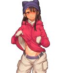  1girl absurdres animal_hat blush breast_lift breasts brown_eyes cabbie_hat cargo_pants cat_hat coat coat_lift dark_skin dark-skinned_female english_commentary grin hat highres hood hood_down hooded_coat ijiranaide_nagatoro-san lifted_by_self long_hair looking_at_viewer mittens nagatoro_hayase navel nose_blush nyxkz pants red_coat small_breasts smile solo stomach toned winter_clothes 