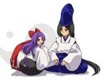  1boy 1girl black_hair blue_headwear blue_pants commentary_request detached_sleeves hair_ribbon hakurei_reimu hakurei_reimu_(pc-98) hat headband japanese_clothes kaigen_1025 kariginu long_hair long_sleeves open_mouth orb pants purple_hair red_eyes red_ribbon red_skirt ribbon shingyoku_(male) shingyoku_(touhou) shirt skirt sleeves_past_fingers sleeves_past_wrists tate_eboshi touhou touhou_(pc-98) violet_eyes white_headband white_shirt white_sleeves yin_yang yin_yang_orb 