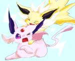  &gt;_&lt; :3 animal_focus banchiku blue_background blush closed_eyes commentary_request electricity espeon fang forehead_jewel full_body gen_1_pokemon gen_2_pokemon glomp happy hug jolteon jumping lightning_bolt lying no_humans nose_blush on_stomach one_eye_closed open_mouth pokemon pokemon_(creature) simple_background smile violet_eyes wavy_mouth 