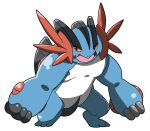  absurdres black_eyes chizi clenched_hands colored_sclera commentary_request full_body furry gen_3_pokemon highres mega_pokemon mega_swampert open_mouth orange_sclera outstretched_arms pokemon pokemon_(creature) shiny shiny_skin simple_background solo swampert white_background 