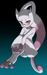  1girl aqua_background black_background blush breasts chizi collarbone commentary_request full_body gen_1_pokemon gradient gradient_background hands_together invisible_chair knees_up legendary_pokemon legs_together mega_mewtwo_y mega_pokemon mewtwo no_nipples pokemon pokemon_(creature) red_eyes shiny shiny_skin simple_background sitting small_breasts solo v_arms 