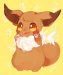  :3 animal_focus arms_up banchiku bangs blush blush_stickers brown_eyes commentary_request eevee fluffy full_body gen_1_pokemon happy lightning_bolt no_humans nose_blush open_mouth pawpads pokemon pokemon_(creature) simple_background smile solo standing swept_bangs yellow_background 