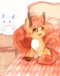  :3 alolan_form alolan_vulpix animal_focus argyle banchiku bangs bed blush brown_eyes commentary_request doll fang full_body gen_1_pokemon gen_7_pokemon happy highres indoors looking_to_the_side no_humans on_bed open_mouth pokemon pokemon_(creature) redhead shiny shiny_hair short_hair sitting smile solo stuffed_animal stuffed_toy vulpix 