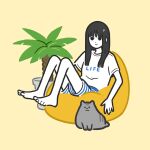  1girl bangs bare_legs barefoot black_eyes black_hair cat flat_color grey_cat highres knees_up leaf long_hair looking_at_viewer original plant potted_plant print_shirt shirt simple_background sitting smile solo white_shirt yellow_background yoshi_mi_yoshi 