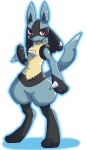  1boy animal_ears black_fur blue_fur blue_outline body_fur chizi closed_mouth commentary_request full_body furry gen_4_pokemon hand_up happy highres looking_to_the_side lucario male_focus outline paws pokemon pokemon_(creature) red_eyes simple_background smile snout solo spikes standing tail white_background wolf_boy wolf_ears yellow_fur 