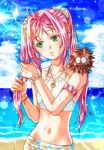  1girl akira_ituki animal_on_shoulder arm_strap beach bikini collarbone flat_chest green_eyes guvava hair_intakes hair_ornament hair_scrunchie long_hair macross macross_7 mylene_jenius navel ocean pink_hair print_bikini scrunchie shiny shiny_hair solo standing swimsuit twintails very_long_hair wet wet_hair white_bikini 