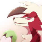  claws commentary_request fangs from_side gen_7_pokemon holding kemonobito lycanroc lycanroc_(midnight) no_humans open_mouth pokemon pokemon_(creature) solo violet_eyes 