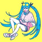  1girl alternate_costume aqua_hair bandaid bandaid_on_knee black_eyes bow bubble_blowing chewing_gum eyewear_on_head flat_color hair_between_eyes hair_bow hands_in_pockets hatsune_miku headphones headphones_around_neck highres long_hair looking_at_viewer poke_ball poke_ball_(basic) red_bow shoes shorts simple_background solo spring_onion star_(symbol) twintails very_long_hair vocaloid yellow_background yoshi_mi_yoshi 