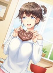  1girl :d bangs black_hair blue_eyes blurry blurry_background bowl breasts candy chocolate chocolate_heart commentary_request day depth_of_field english_text eyebrows_visible_through_hair flower food hair_bun hair_flower hair_ornament hairclip heart holding holding_food indoors jewelry long_sleeves looking_at_viewer medium_breasts mono_lith off-shoulder_sweater off_shoulder open_mouth original ribbed_sweater ring smile solo sweater upper_body upper_teeth valentine white_flower white_sweater window x_hair_ornament 