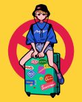  1girl backpack bag bangs black_headwear blonde_hair blue_footwear blue_shirt blue_shorts flat_color full_body hat highres original print_shirt shirt shirt_tucked_in shoes short_hair shorts sitting solo suitcase yoshi_mi_yoshi 