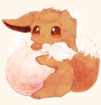  animal_focus banchiku bangs brown_eyes claws commentary_request eevee fluffy food fruit gen_1_pokemon jpeg_artifacts no_humans object_hug open_mouth oversized_object peach pokemon pokemon_(creature) simple_background sitting solo swept_bangs yellow_background 